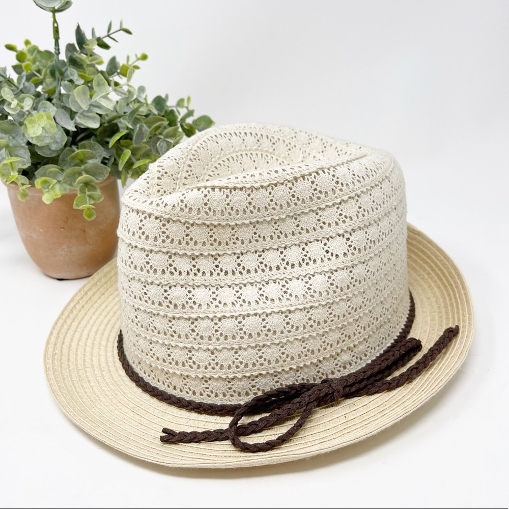 World Market  Woven Hat Cream Brown Tie Detail